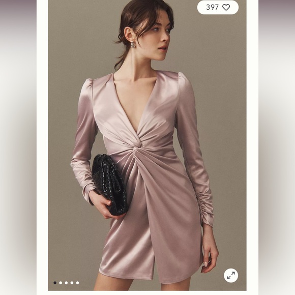 NWT BHLDN Sabrina Stretch Satin Long-Sleeve Mini Dress, color: taupe. - Picture 1 of 5